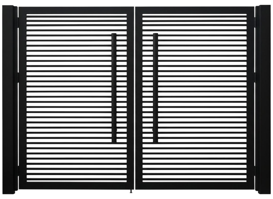 Slatline Passage – Contemporary double-leaf man door with horizontal bar symmetry and offset vertical handles Model # MG870