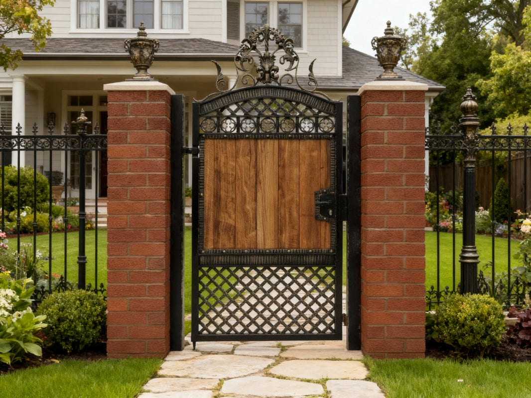 Woodcrest Passage – Mixed-material man door with vertical wood planks, wrought iron lattice, and regal crest scrollwork Model # MG871