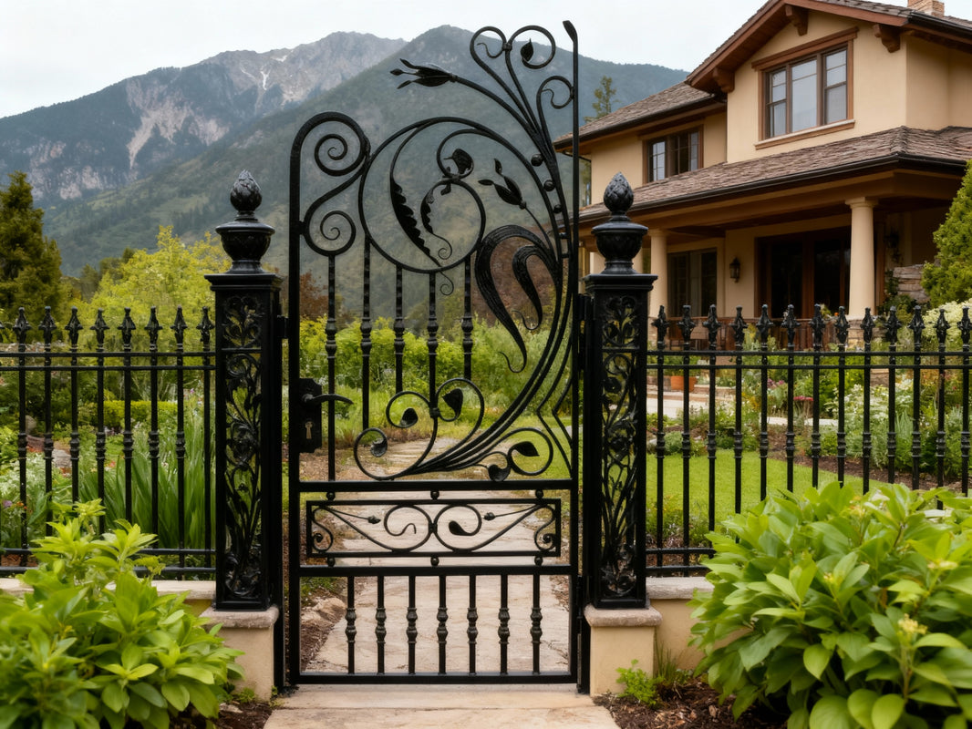 Floravibe Passage – Ornamental wrought iron man door with circular floral crest, scrollwork symmetry, and vertical bar base Model # MG872