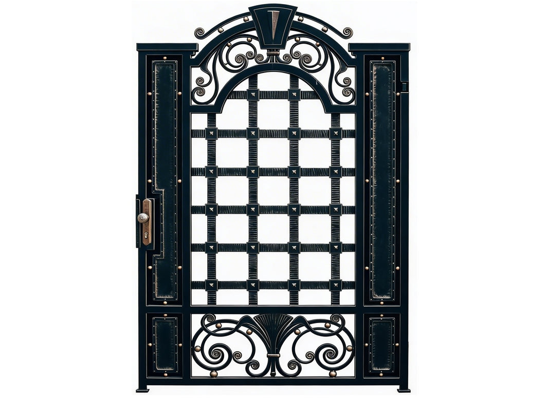 Handcrafted Steel Fence Panel with Gridwork, Scroll Base & Crest Emblem – Textured Bronze Finish  Model # MG873