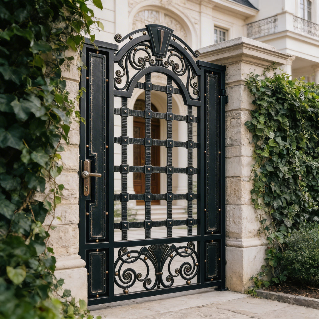 Handcrafted Steel Fence Panel with Gridwork, Scroll Base & Crest Emblem – Textured Bronze Finish  Model # MG873