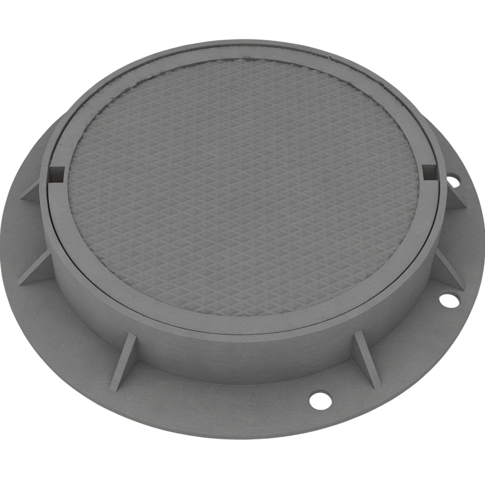 A round gray iron manhole cover with a grid-like pattern on the surface and a visible hollow center for installation.