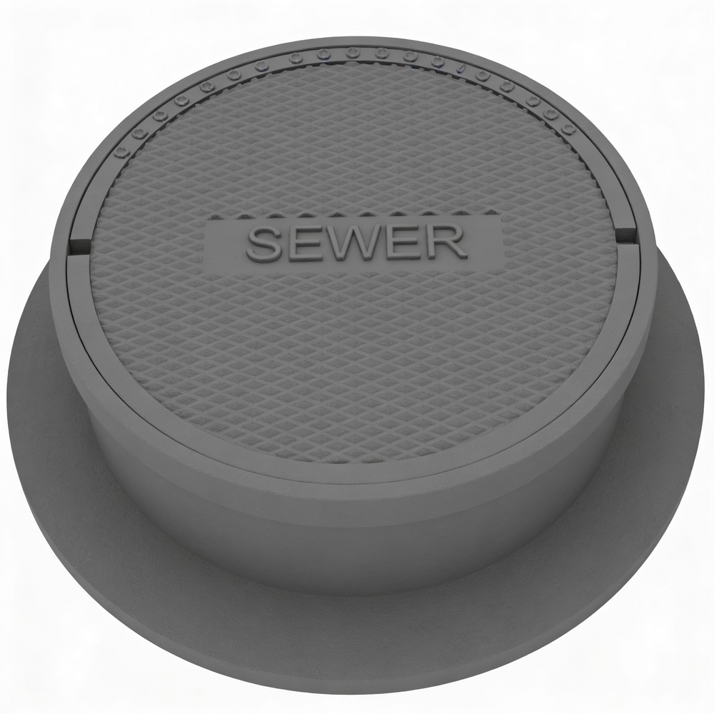 A round gray iron manhole cover with the word 'SEWER' inscribed on it, designed for heavy-duty use in outdoor environments.