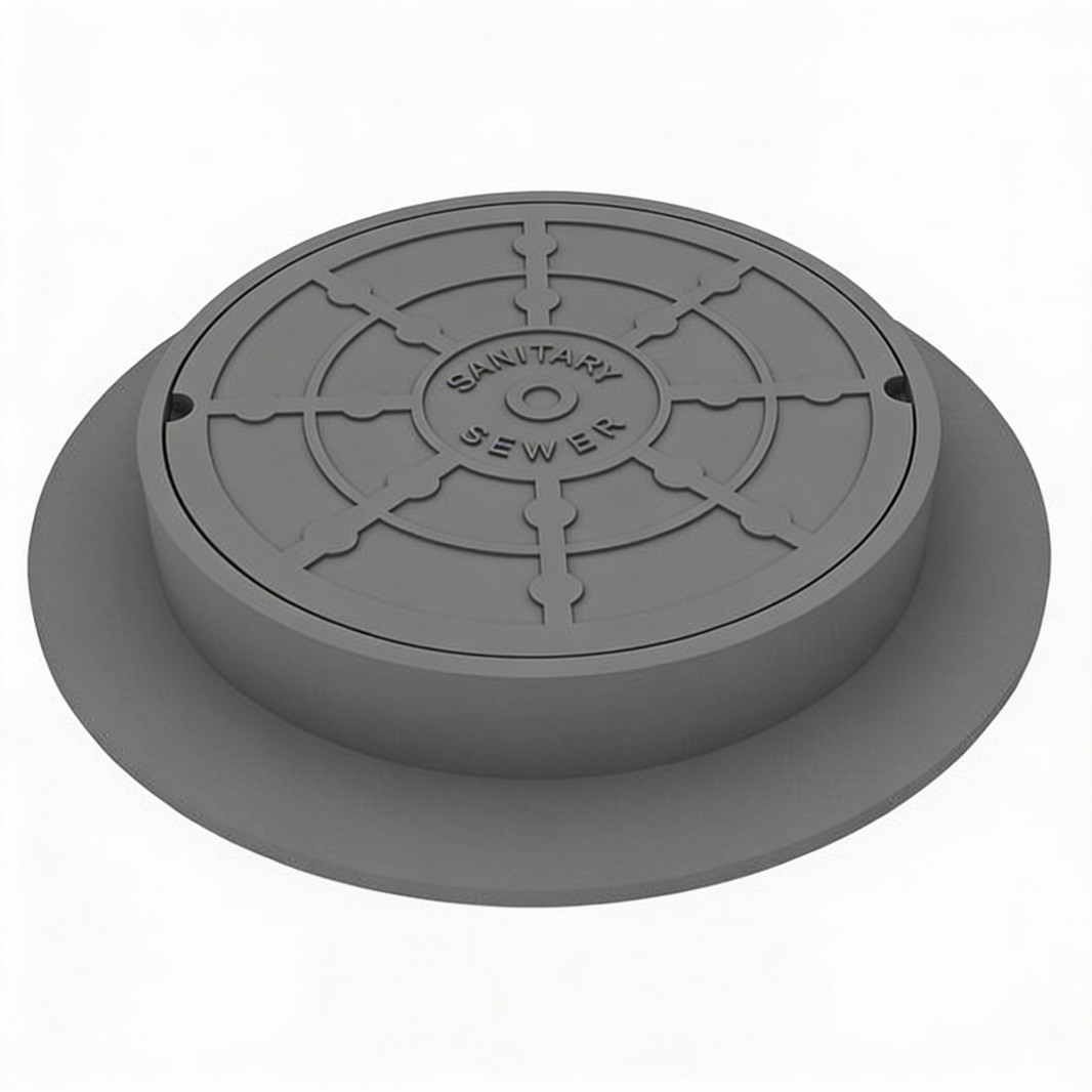 A round gray ductile iron manhole cover with a machine embossed pattern and the text 'BBAHMAN SEWER'.