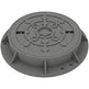 A round gray ductile iron manhole cover with a machine finish and a central Boss logo.