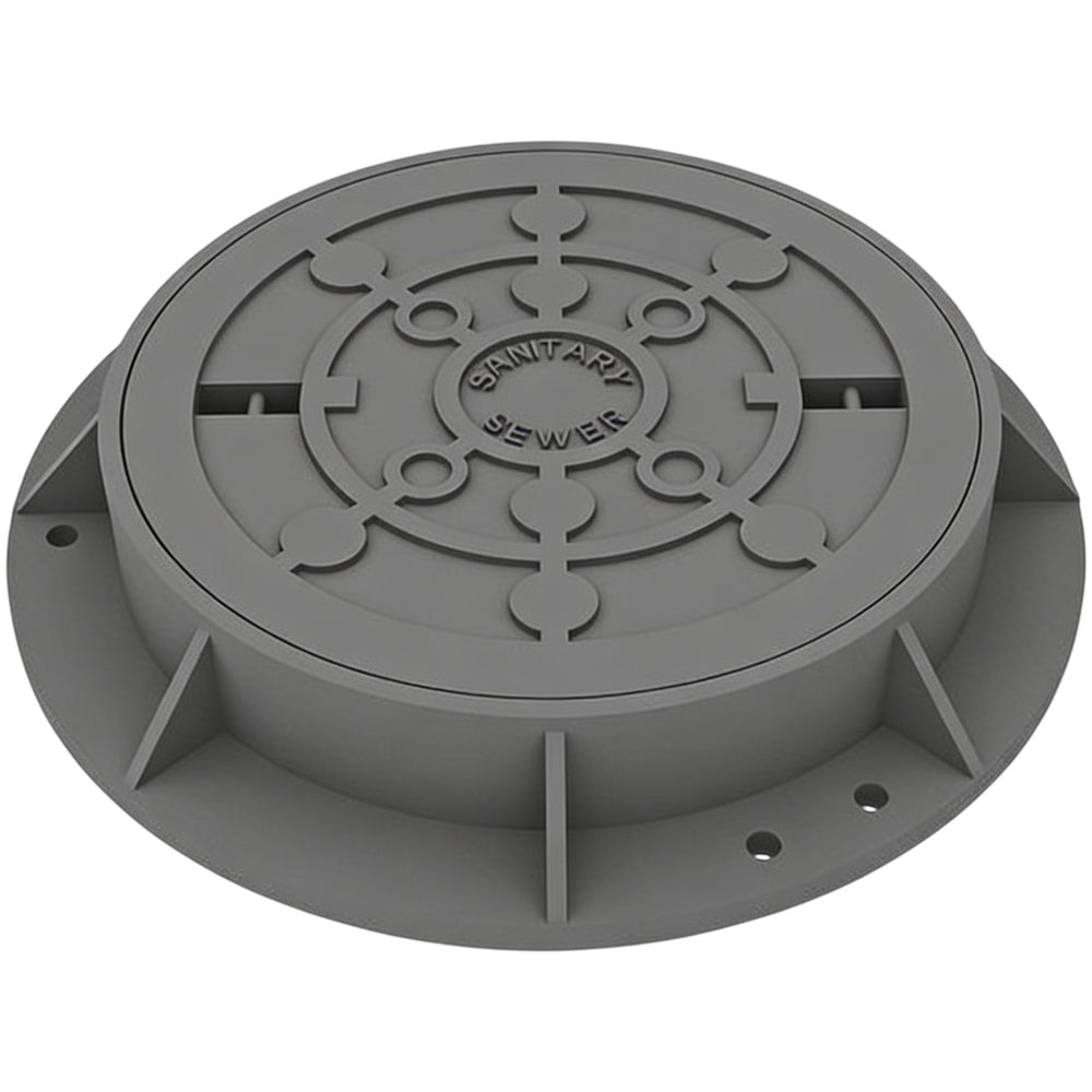 A round gray ductile iron manhole cover with a machine finish and a central Boss logo.