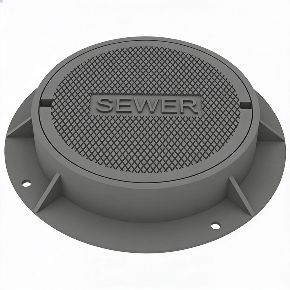 A gray iron round manhole cover with the word 'SEWER' inscribed on the top surface, featuring a textured pattern for grip and a frame for installation.