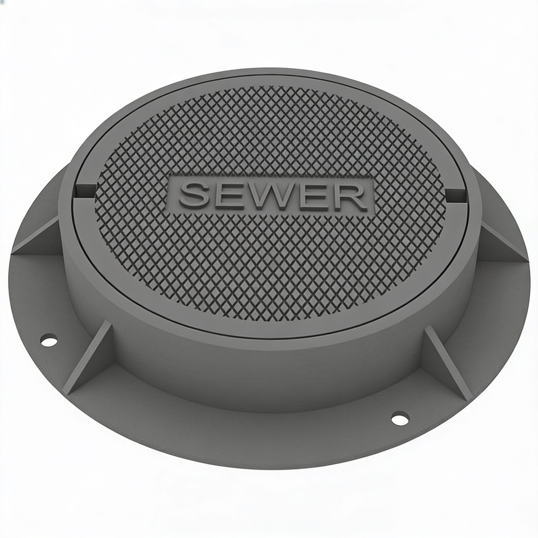 A gray iron round manhole cover with the word 'SEWER' inscribed on the top surface, featuring a textured pattern for grip and a frame for installation.