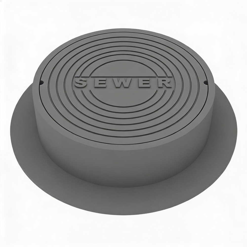 A gray iron round manhole cover with the SEWER brand logo in the center.
