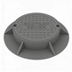 Round gray iron manhole cover and frame with 'SANITARY SEWER' text on the top surface.
