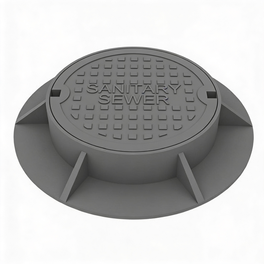 Round gray iron manhole cover and frame with 'SANITARY SEWER' text on the top surface.
