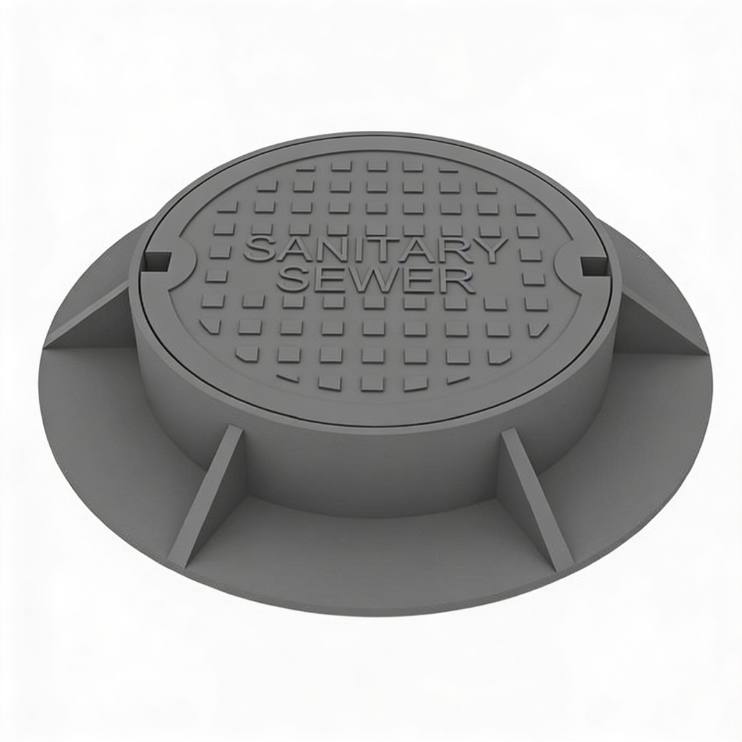 Round gray iron manhole cover and frame with 'SANITARY SEWER' text on the top surface.