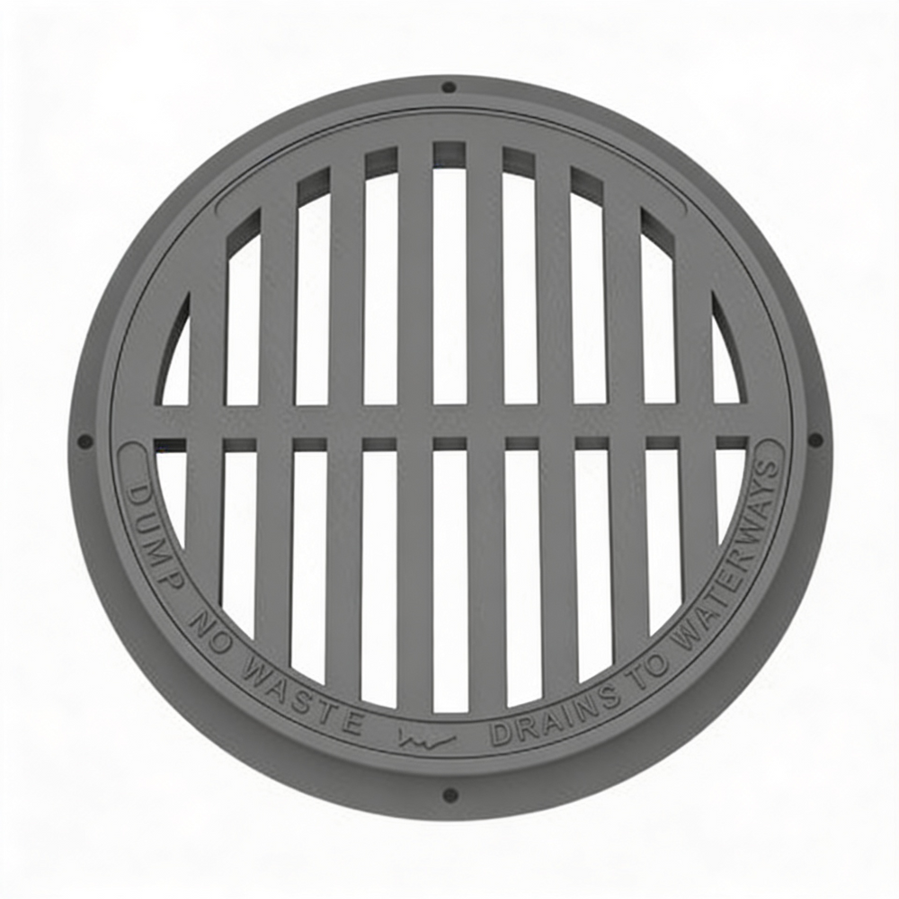 A gray round manhole cover made of cast iron, with a grid-like pattern and the text 'CAMP NO-DRINK' inscribed on the surface.