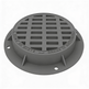 A gray iron round manhole grate and frame with a flanged edge and multiple grate holes, designed for outdoor use.