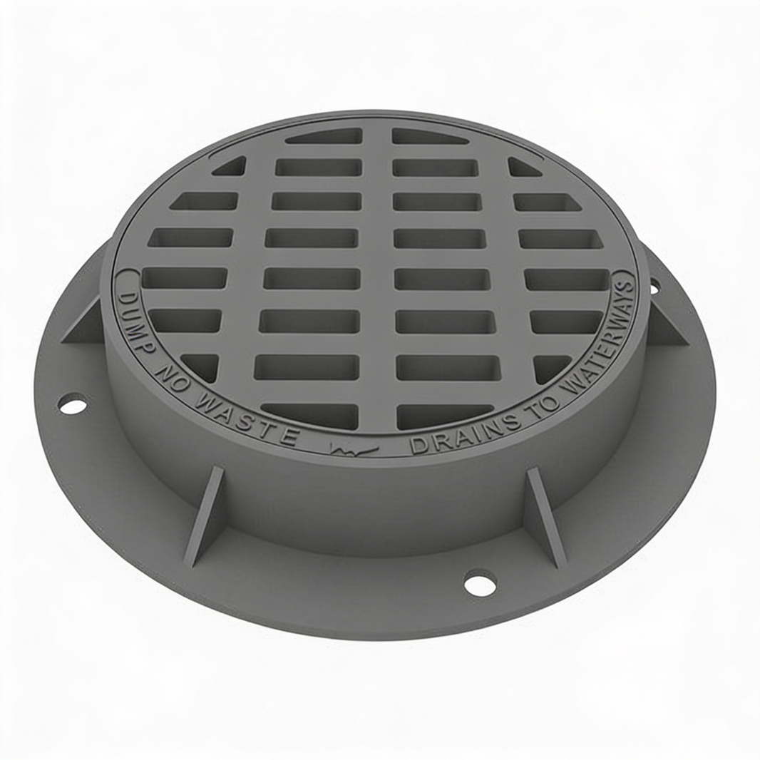 A gray iron round manhole grate and frame with a flanged edge and multiple grate holes, designed for outdoor use.