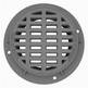 A gray iron round manhole grate and frame with a flanged edge and multiple grate holes, designed for outdoor use.