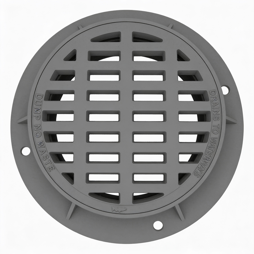 A gray iron round manhole grate and frame with a flanged edge and multiple grate holes, designed for outdoor use.