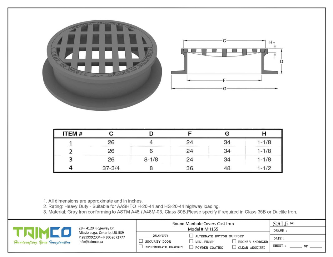 Round Manhole Grate and Frame Gray Iron Model # MH155