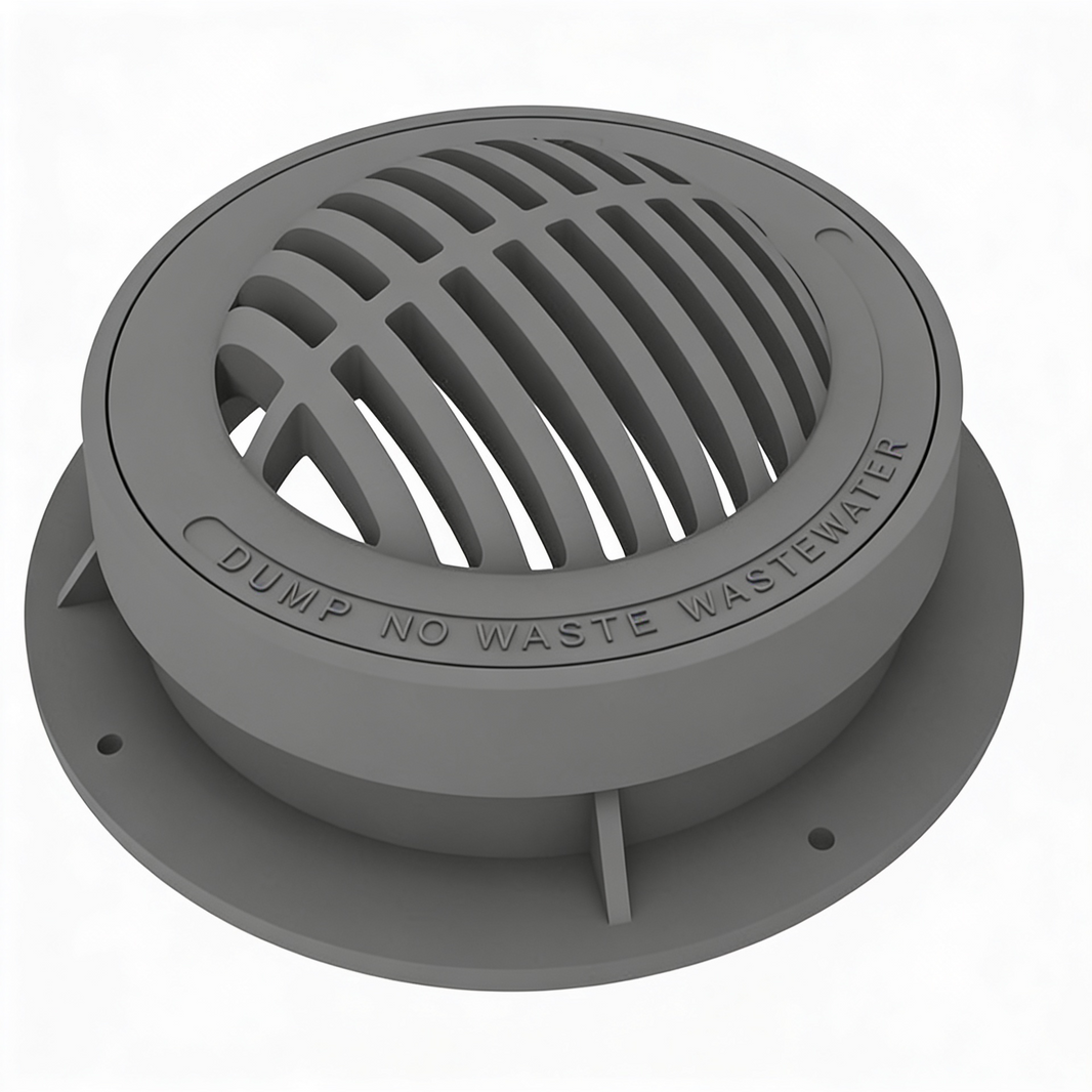 Round gray iron manhole grate and frame with a machine finish, displaying the text 'DRAIN NO WASTE' on the cover.