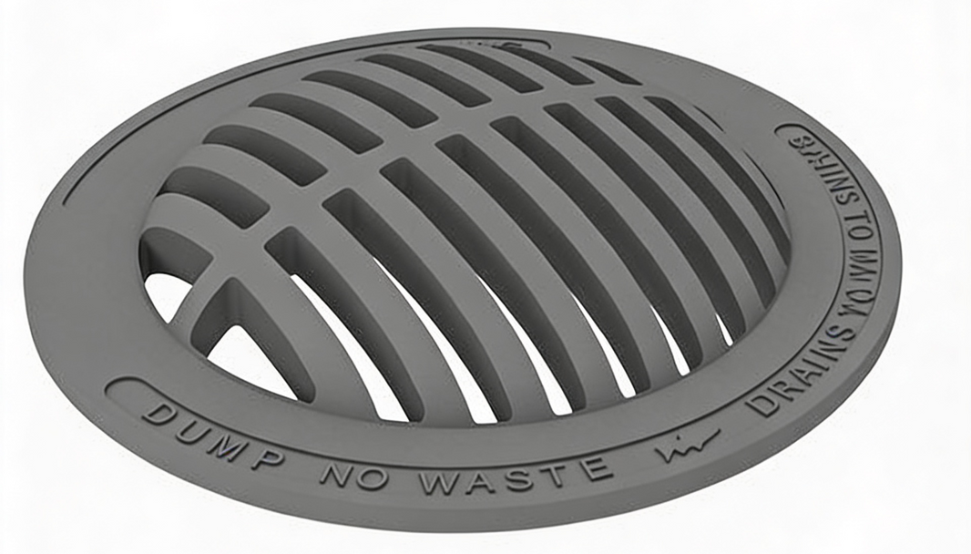 Round gray cast iron manhole cover with a grid pattern and text inscription.