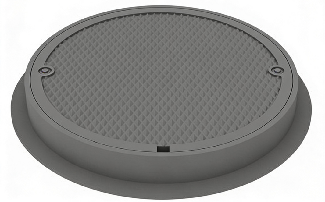 A gray iron round manhole cover with a bolted and gasketed design, featuring the TAIMCO brand logo.
