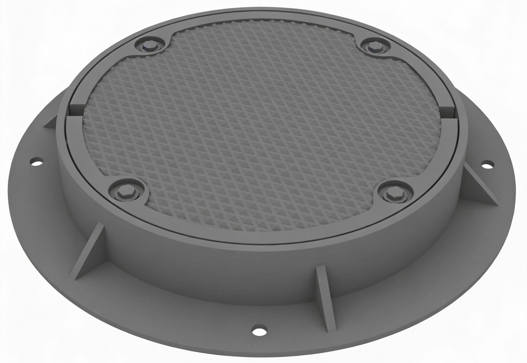 A gray iron round manhole cover and frame with a bolted and gasketed design.