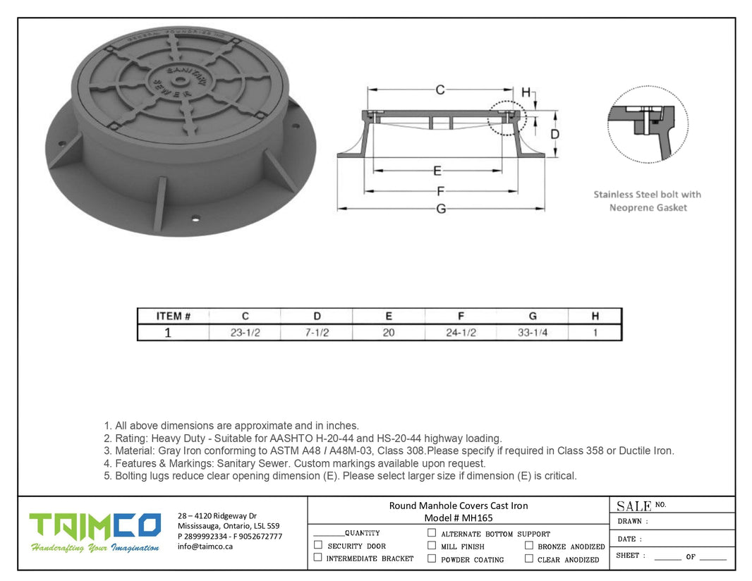 Round Manhole Cover and Frame Gray Iron Bolted & Gasketed Model # MH165