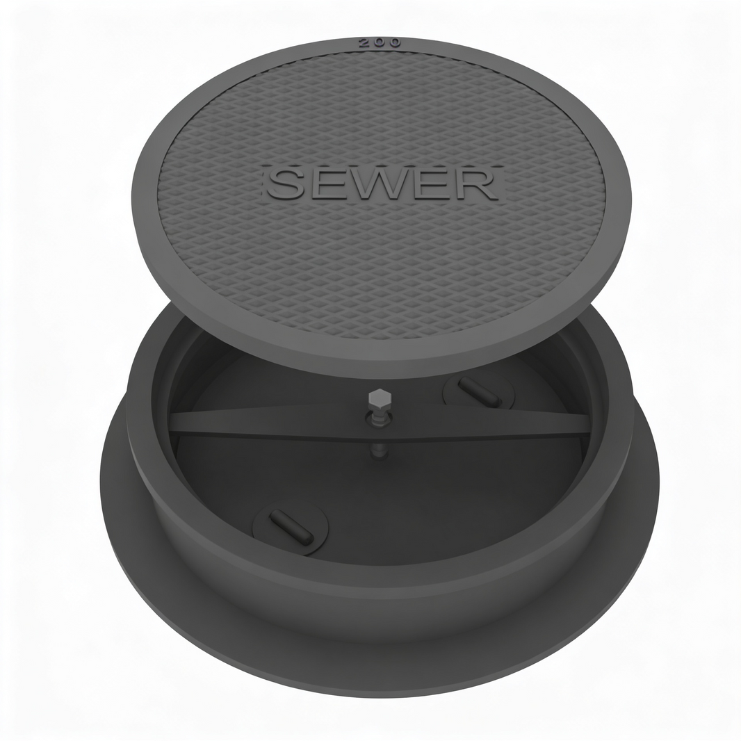 A gray iron round manhole cover and frame with 'SEWER' text on the cover, designed to be bolted and gasketed.
