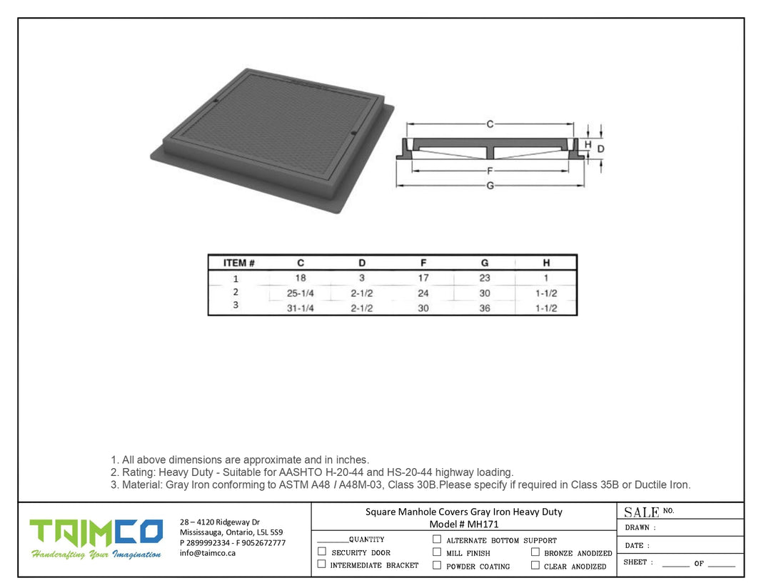 Square Manhole Cover and Frame Gray Iron Model # MH171