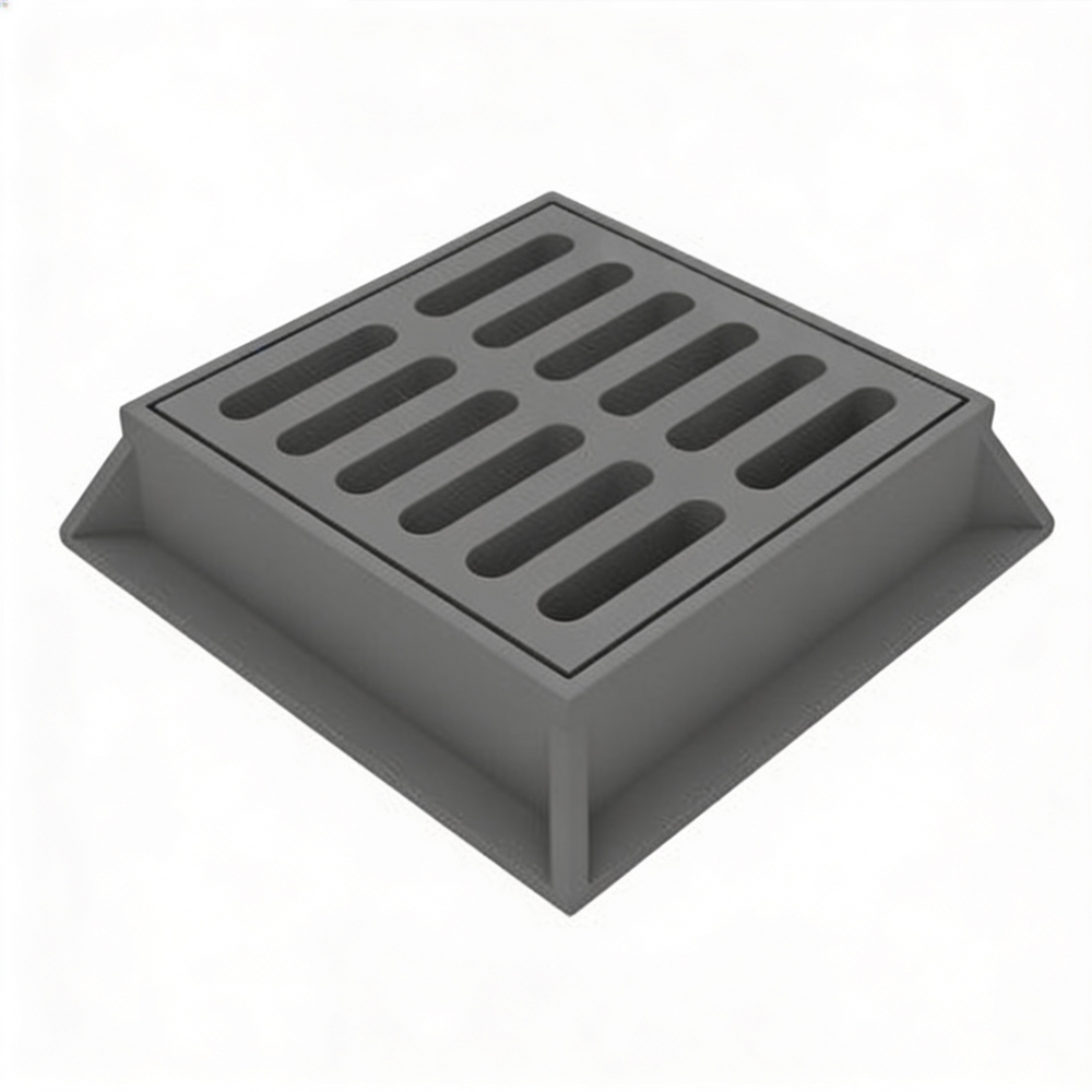 Gray iron square manhole cover and frame with a patterned surface design.