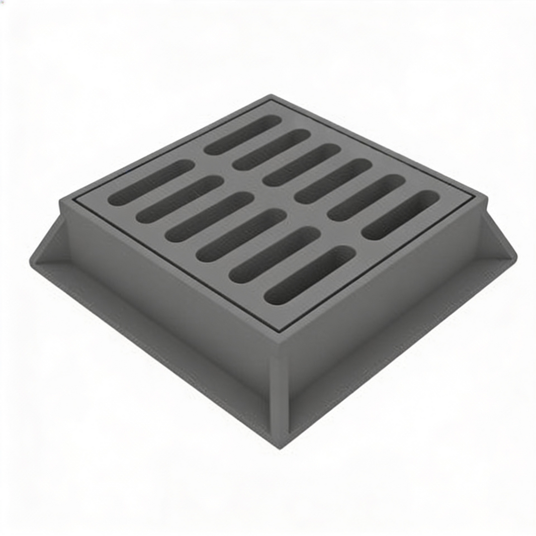Gray iron square manhole cover and frame with a patterned surface design.
