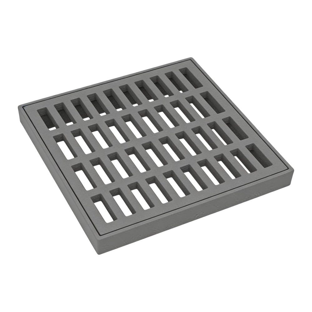 A gray iron square manhole cover and frame with a patterned surface design.