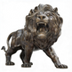 Bronze sculpture of a roaring lion with textured mane and powerful forward stance
