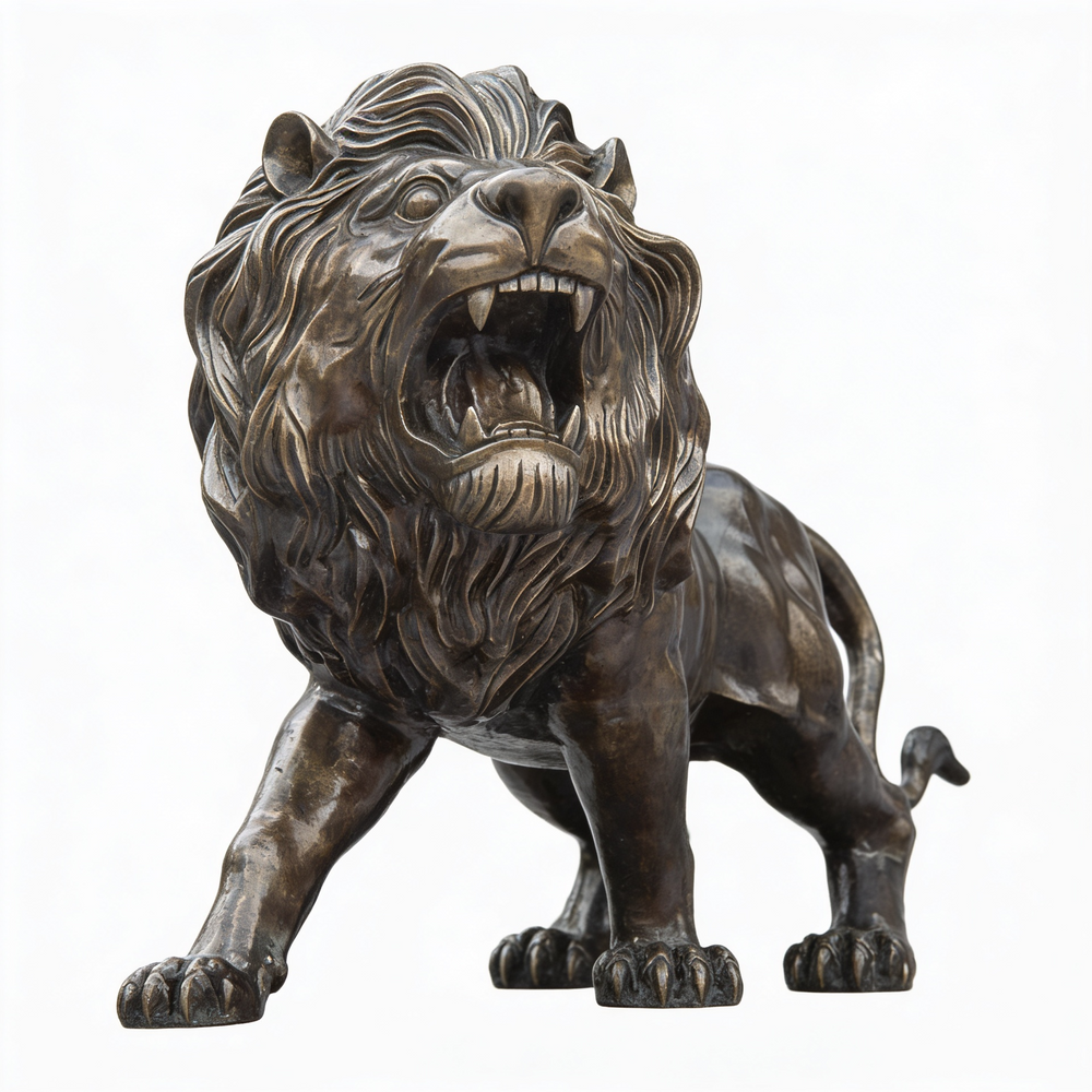 Bronze sculpture of a roaring lion with textured mane and powerful forward stance