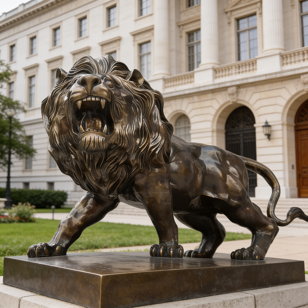 Bronze lion figure mid‑roar, showcasing dramatic posture and sculpted musculature