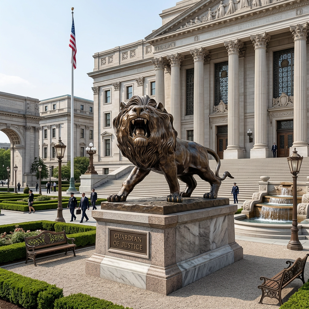 Detailed bronze statue of a lion roaring with a textured mane and lifelike body structure