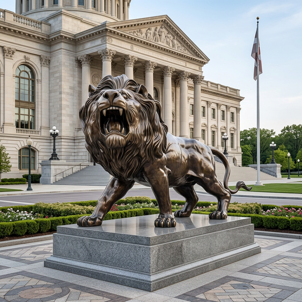 Sculpted bronze lion with open mouth and dynamic forward movement captured in metal.
