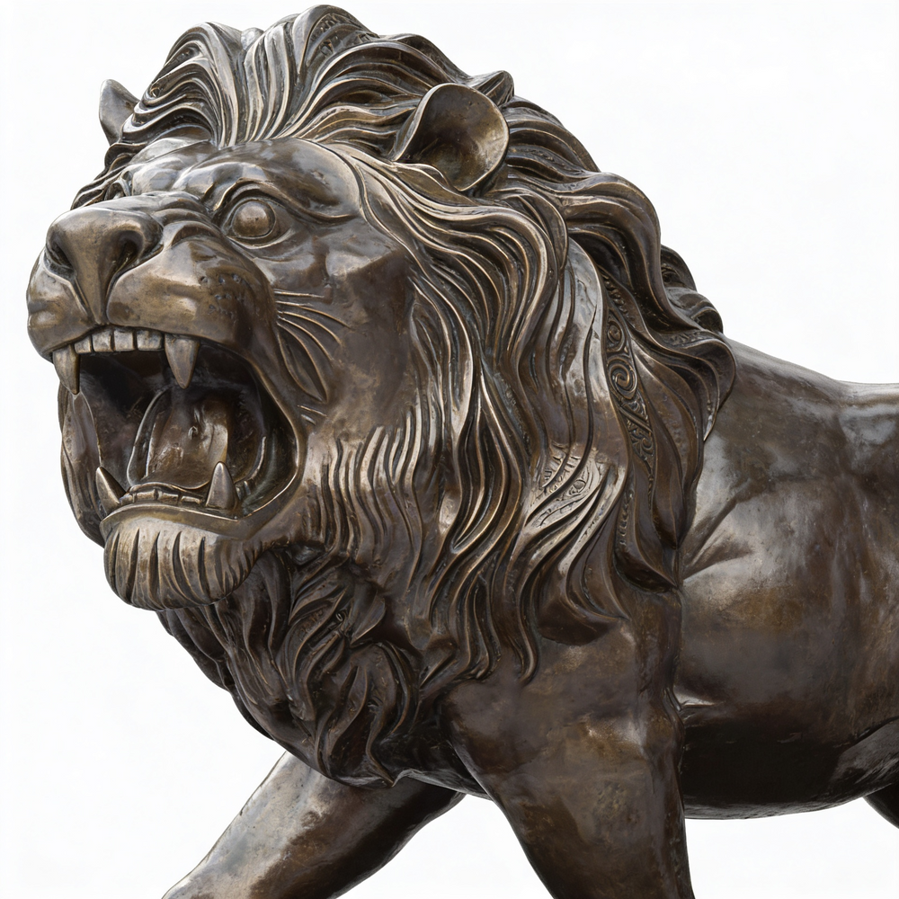 Powerful bronze lion sculpture in mid‑roar, highlighting muscular definition and dramatic energy.