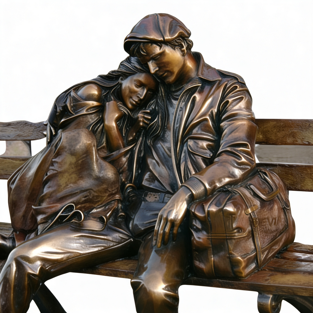 Bronze sculpture of a couple sitting on a bench