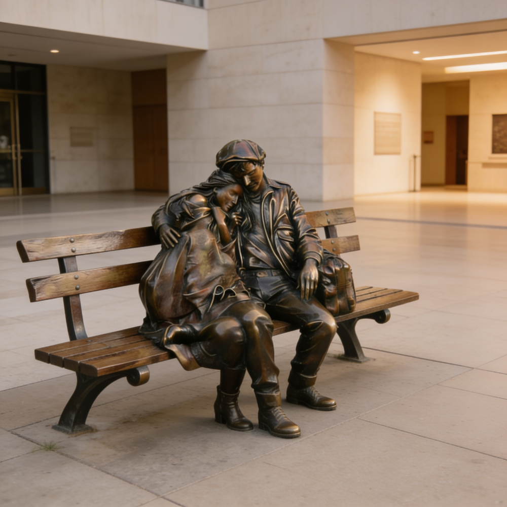 Bronze statue of two people sitting on a bench in an indoor setting