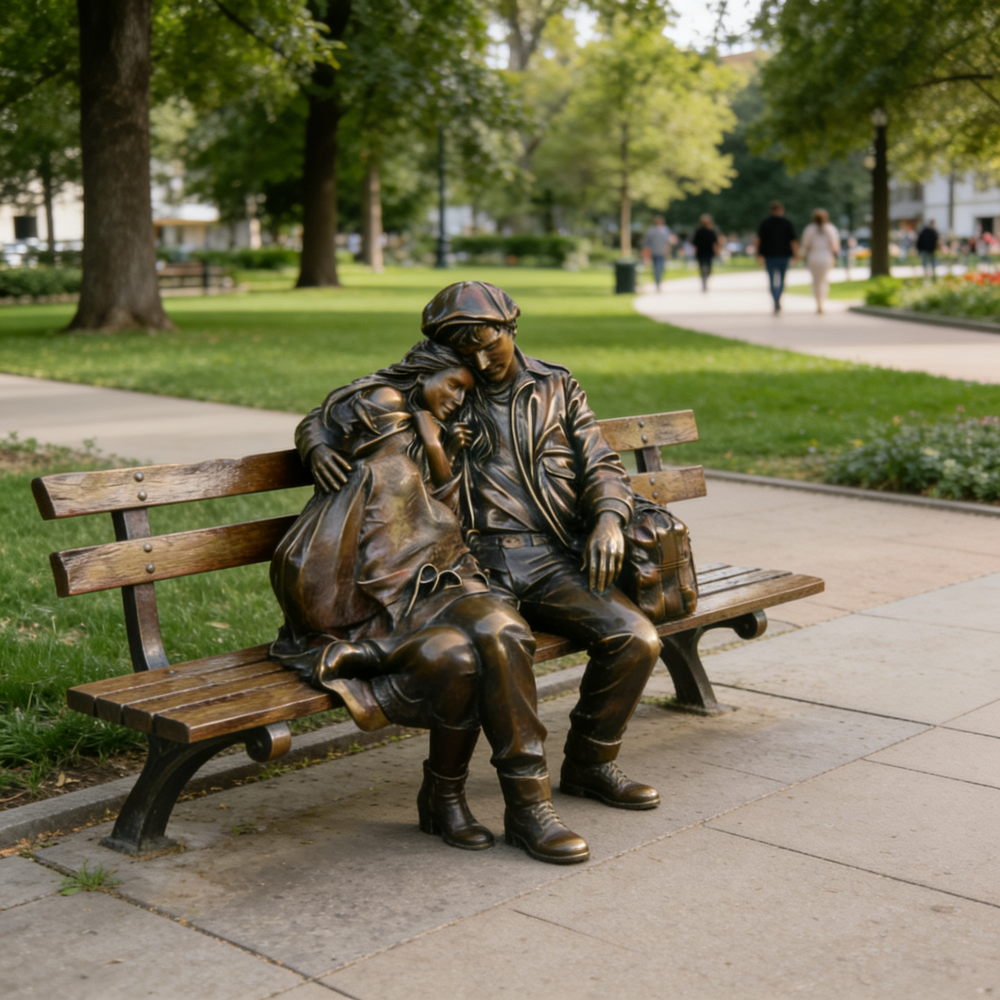Bronze statue of two people sitting on a bench in a park