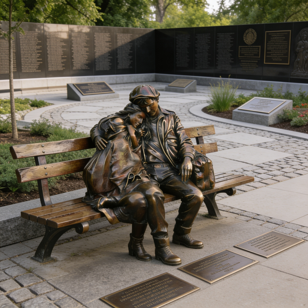Bronze statue of a father and son sitting on a bench with plaques in a memorial setting.