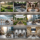 Collage of various outdoor and indoor settings with statues and benches.