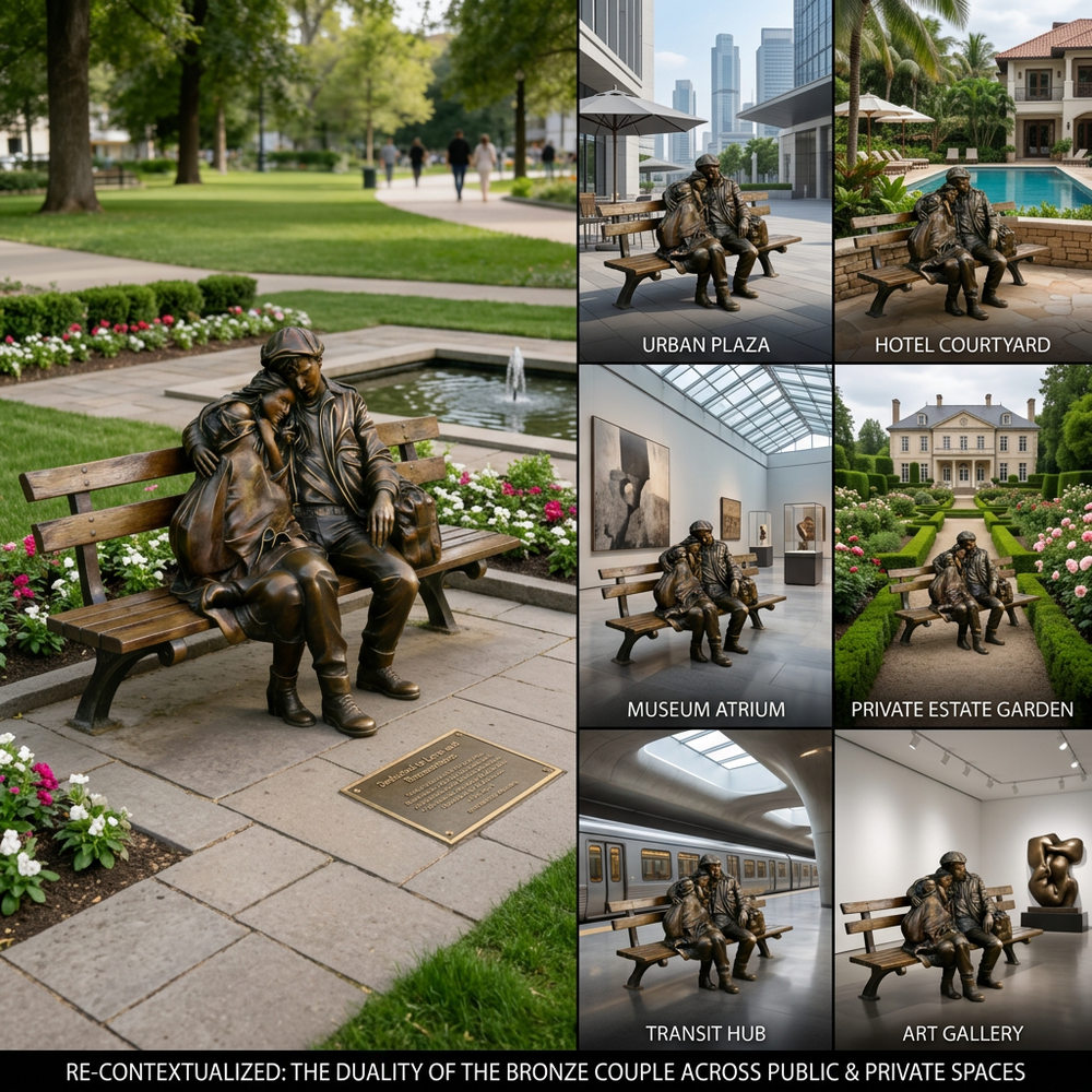 Bronze sculpture of a couple on a bench in various settings including a park, urban plaza, hotel courtyard, museum atrium, private estate garden, transit hub, and art gallery.