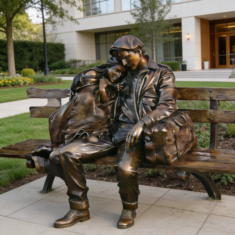 Bronze statue of two people sitting on a bench in front of a building.