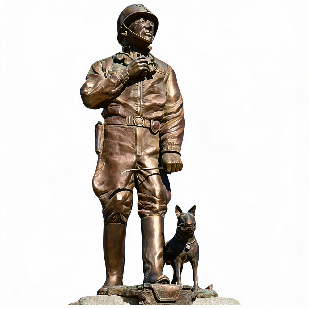 Bronze statue of a person in a helmet and uniform with a dog on a white background
