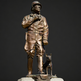 Bronze statue of a person in military uniform with a dog on a dark background