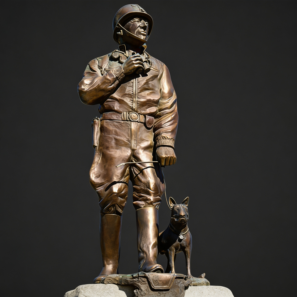 Bronze statue of a person in military uniform with a dog on a dark background
