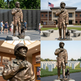 Collage of a bronze statue of a soldier with a dog in various settings, including a memorial and a building.