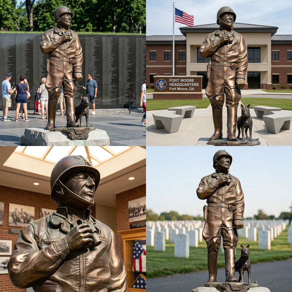 Collage of a bronze statue of a soldier with a dog in various settings, including a memorial and a building.